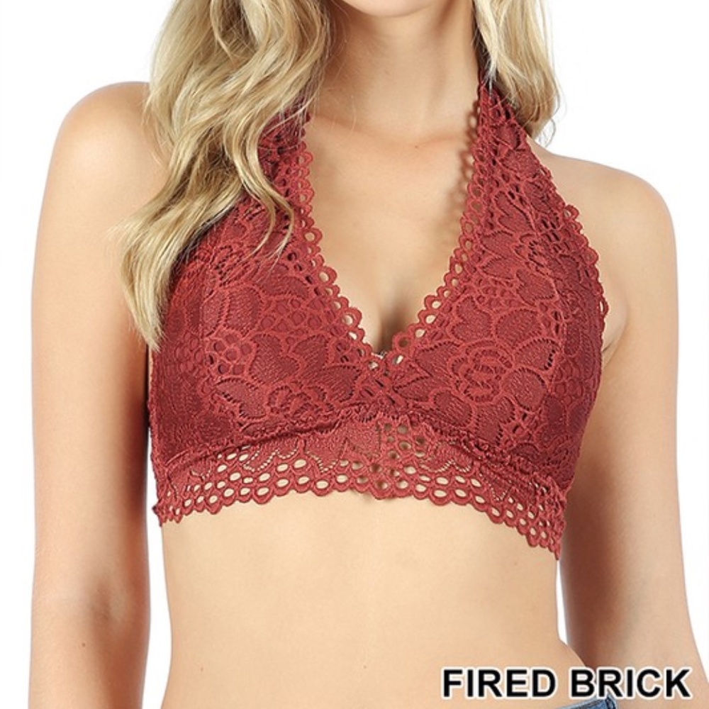 Zenana FIRED BRICK LACE HALTER STRETCH BRALETTE Sz. 1X PLUS NEW